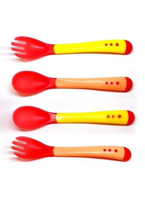 Tip Heat Sensitive Silicone Feeding Spoons Set ; Temperature Sensing Spoons ; Spoon & Fork Set For Baby Kids Toddlers (Red & Yellow Set Of 4)
