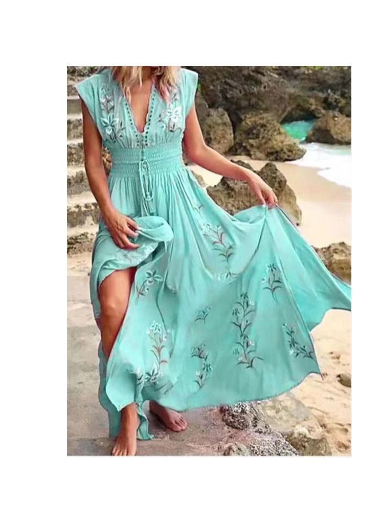 Loquat New Summer Women's V-neck Bohemian Print Dress 