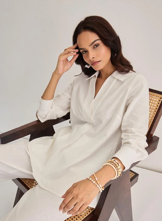 Femmella  White Cotton Linen Pleat Detail Tunic Top for Women | Best Price UAE