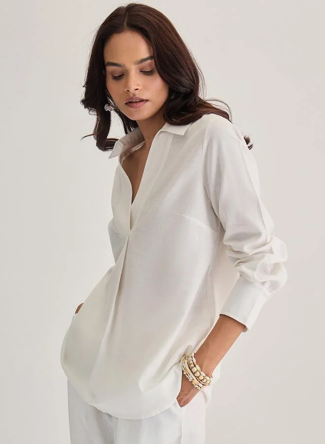 White Cotton Linen Pleat Detail Tunic Top