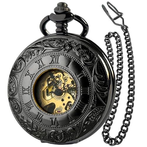 VIGOROSO Mens Pocket Watch with Chain Half Hunter Double Cover Skeleton Mechanical Pocket Watches for Men Dad - Image 3
