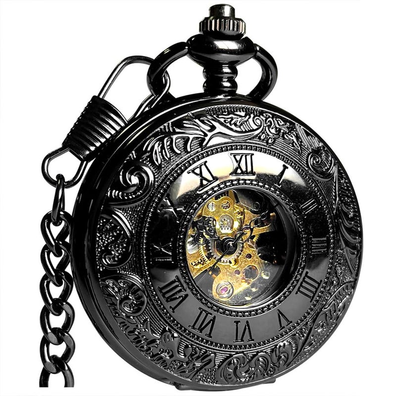 VIGOROSO Mens Pocket Watch with Chain Half Hunter Double Cover Skeleton Mechanical Pocket Watches for Men Dad - Image 2