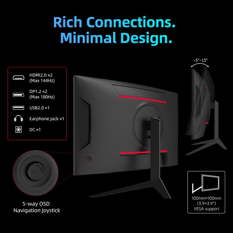 KTC 27 inch WQHD 180Hz 1ms Curved Gaming Monitor 1440P 144Hz Monitor 132% sRGB HVA FreeSync DisplayPort/HDMI/USB VESA Computer Monitor for Gamers (DP Cable Included) - Image 4