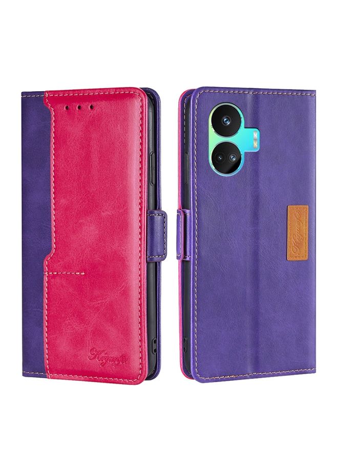 HuHa Case Cover For Realme GT Neo5 SE Contrast Color Side Buckle Leather Phone Case Purple + Rose Red