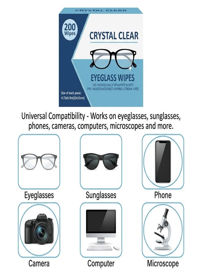 Cozeoa Eyeglass Cleaning Wipes, 200 Counts per Box, Individually Wrapped, Dust & Oil Stain Removal, Fast-Drying & Streak-Free, Safe for Eyeglasses, Phone Screens, Camera Lenses - Image 2