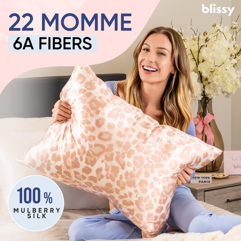 Blissy Silk Pillowcase - 100% Pure Mulberry Silk - 22 Momme 6A High-Grade Fibers - Silk Pillow Cover for Hair & Skin - Regular, Queen & King (Nicole Miller - Mauve Cheetah, Queen) - Image 2