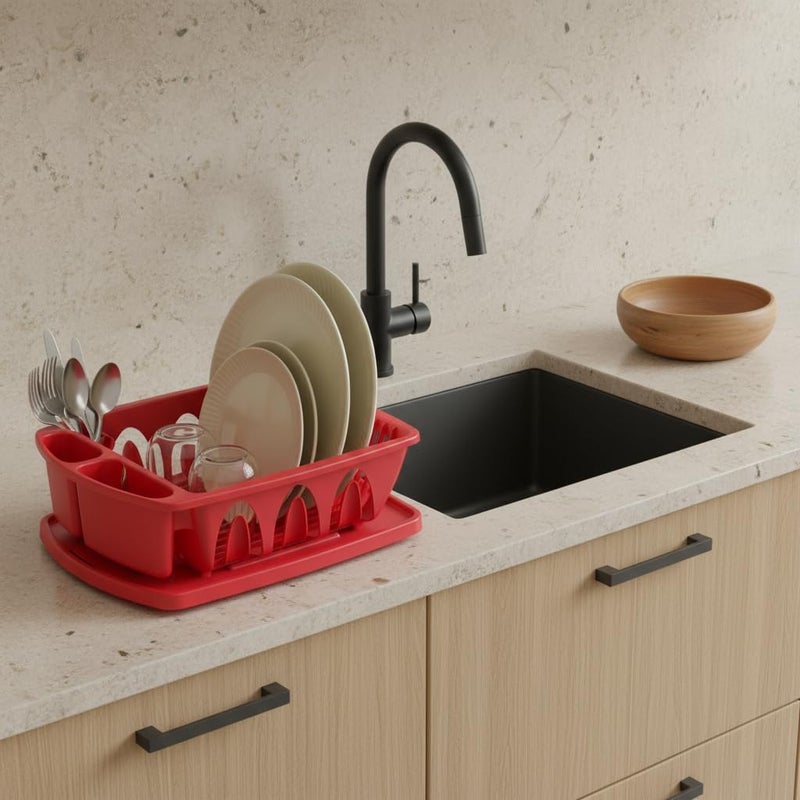 Tribello Sink Dish Drying Rack, Heavy Duty Hard Plastic Sink Set with Drainer (Red) - Image 5