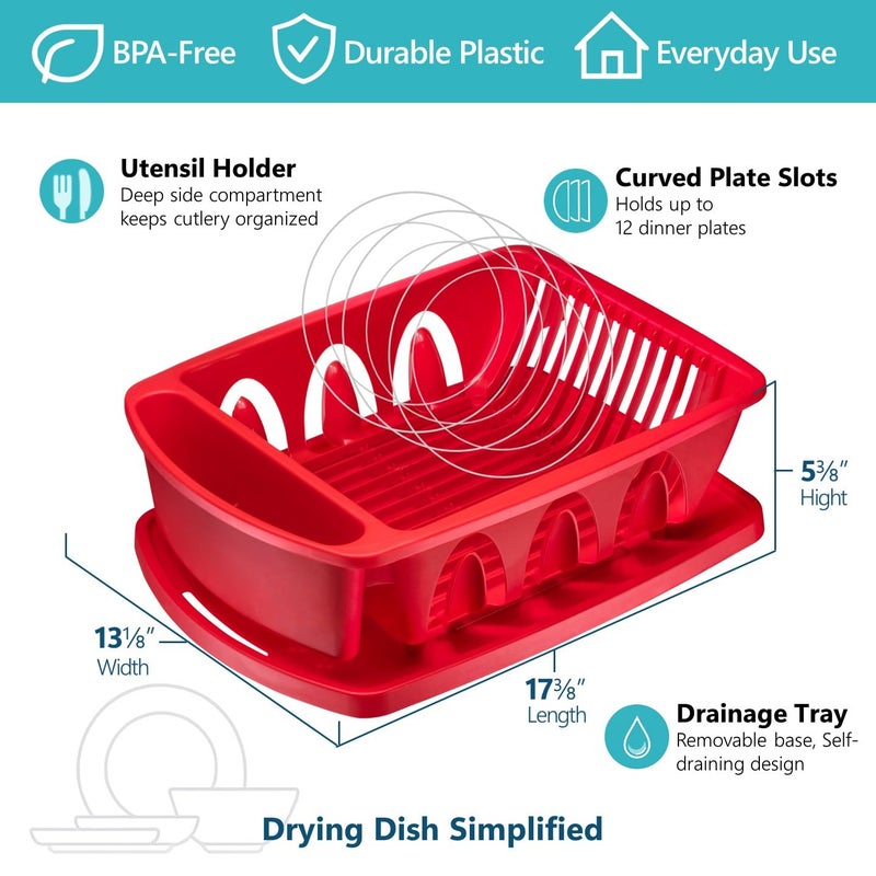 Tribello Sink Dish Drying Rack, Heavy Duty Hard Plastic Sink Set with Drainer (Red) - Image 2