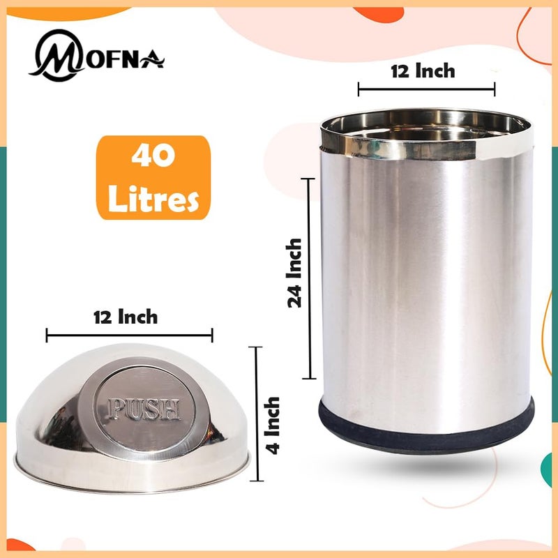 mofna Stainless Steel Push Can Dustbin Trash Can Paper Bin Round Shape use for Home, Office, Kitchen, Bathroom (12x28 Inch, 40 Liter, Silver) - Image 2