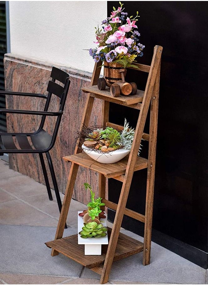 LINGWEI Plant Stand 3 Tier Folding Solid Wood Ladder Design Washroom Rack Garden Wooden Flower Plant Pot Holder Container Vase Display Book Shelves Storage  - Image 2