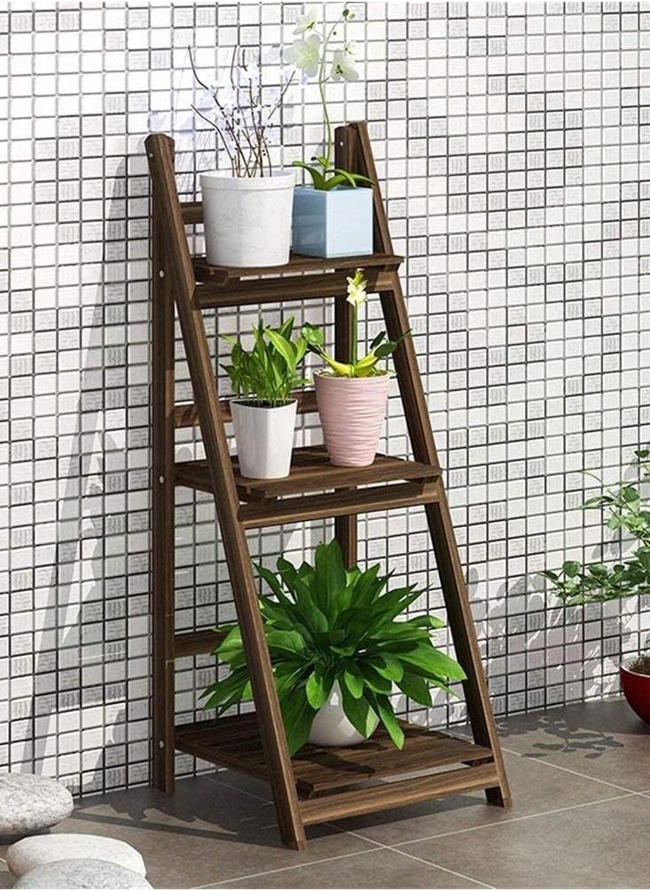 LINGWEI Plant Stand 3 Tier Folding Solid Wood Ladder Design Washroom Rack Garden Wooden Flower Plant Pot Holder Container Vase Display Book Shelves Storage  - Image 3