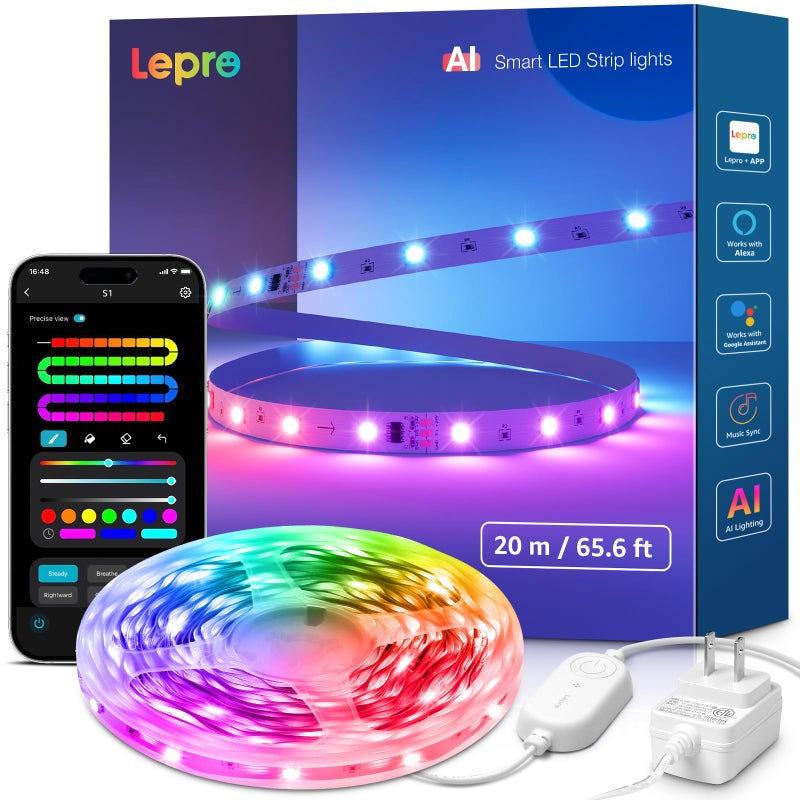 Lepro S1 AI LED Strip Lights for Bedroom - 65.6ft Smart RGB Light Strips with IC and Rainbow Chasing Effects, Color Segment DIY, Personalized Al Lighting Designer, No Remote, 2.4G Wi-Fi & Bluetooth - Image 1