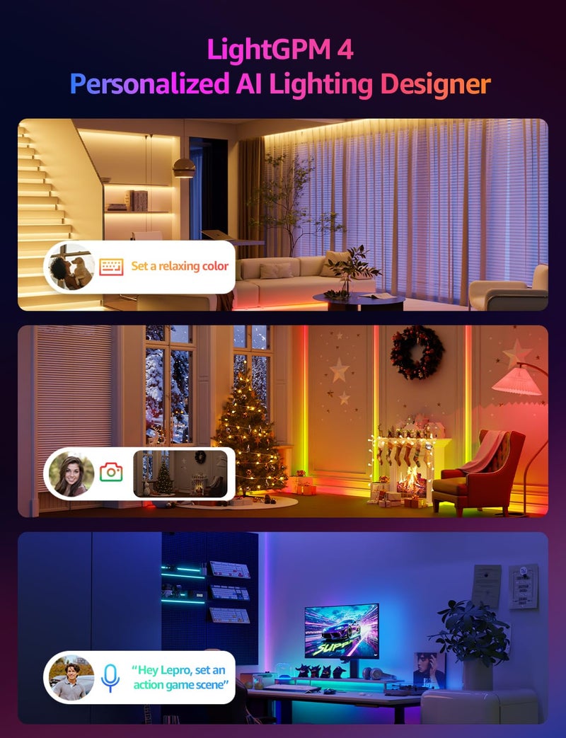 Lepro S1 AI LED Strip Lights for Bedroom - 65.6ft Smart RGB Light Strips with IC and Rainbow Chasing Effects, Color Segment DIY, Personalized Al Lighting Designer, No Remote, 2.4G Wi-Fi & Bluetooth - Image 2
