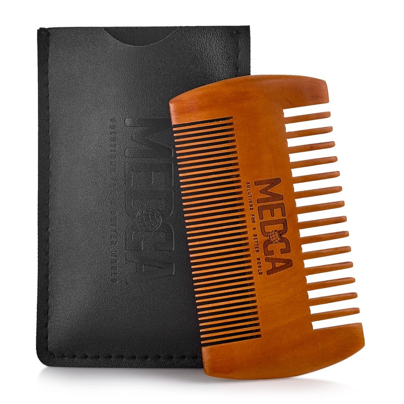 MEDca Wooden Beard Comb With Leather Case - Handcrafted Solid Beechwood Beard, Mustache and Head Hair Pocket Combs for Men Dual Action Fine & Coarse Teeth Perfect for Conditioner Oils and Beard Balms - Image 1