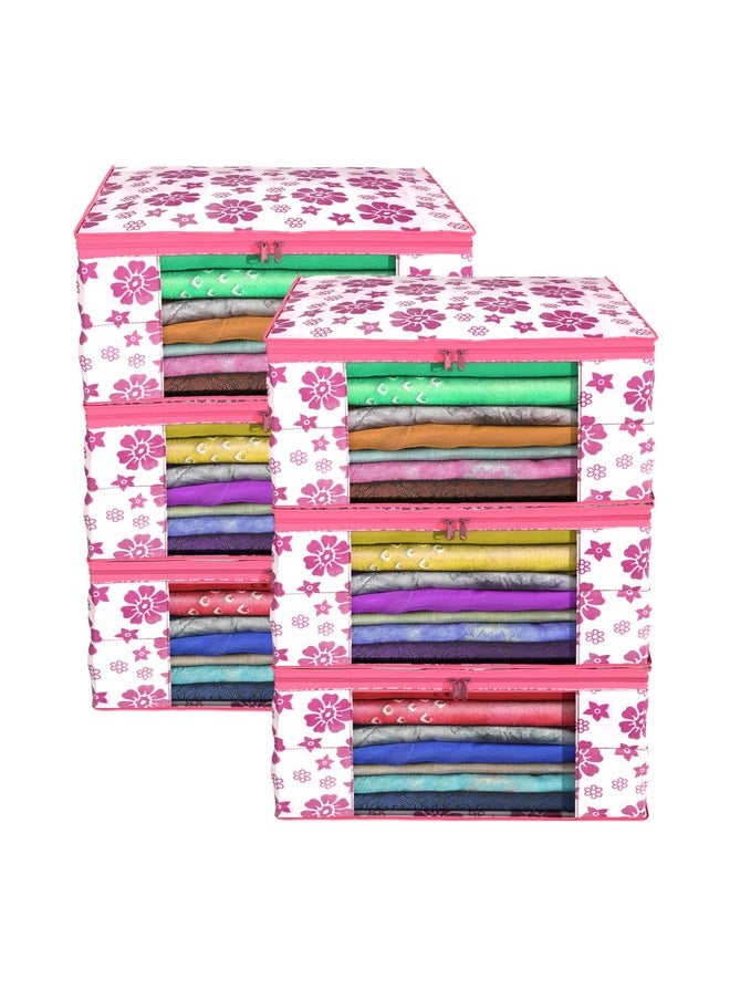 Kuber Industries Kuber Industries Non-Woven Floral Print Saree Covers With Zip|Foldable Wardrobe Organizer For Clothes|Saree Bags Keep 8 To 10 Saree|Suitable For Lehenga, Suit, Dress|Pack Of 6 (White & Pink)  - Image 1