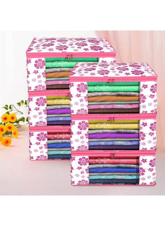 Kuber Industries Kuber Industries Non-Woven Floral Print Saree Covers With Zip|Foldable Wardrobe Organizer For Clothes|Saree Bags Keep 8 To 10 Saree|Suitable For Lehenga, Suit, Dress|Pack Of 6 (White & Pink)  - Image 2