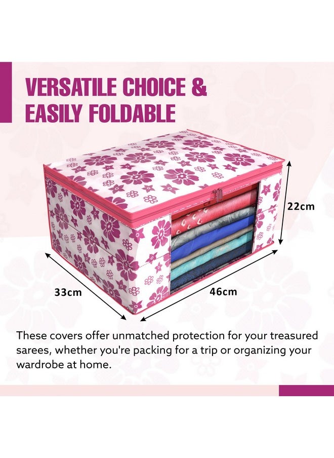 Kuber Industries Kuber Industries Non-Woven Floral Print Saree Covers With Zip|Foldable Wardrobe Organizer For Clothes|Saree Bags Keep 8 To 10 Saree|Suitable For Lehenga, Suit, Dress|Pack Of 6 (White & Pink)  - Image 3