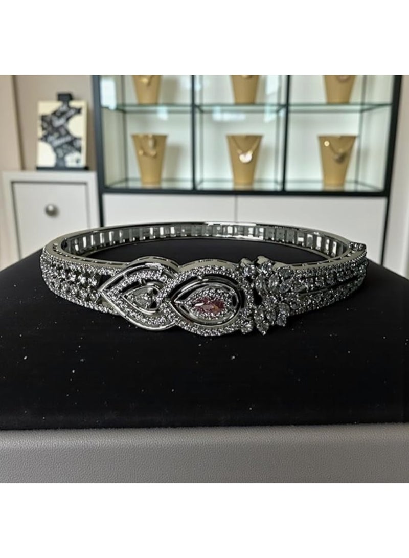 Pretty Precious Cubic Zirconia  Openable Kada | Cubic Zirconia  Openable Brecelet – Elegant Gold Plated Openable Bangle for Women and Girls-Pink - Image 2