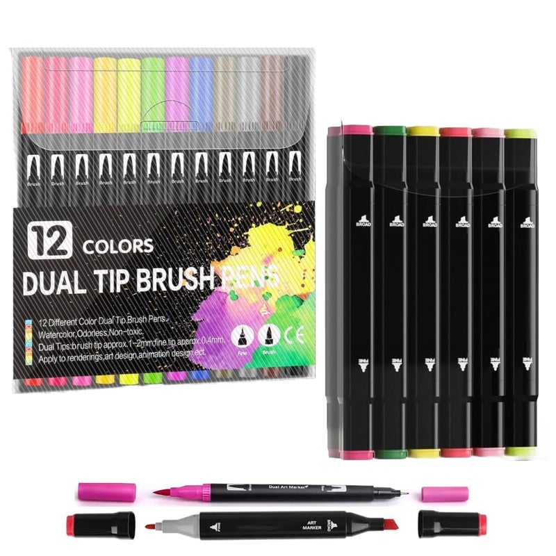 Corslet مجموعة كورسلت من 24 قطعة - 12 قطعة أقلام فرشاة ذات طرفين 12 لون و 12 قطعة مجموعة علامات كحولية أقلام تلوين فرشاة أقلام رسم لتلوين الرسم والتخطيط - Image 1