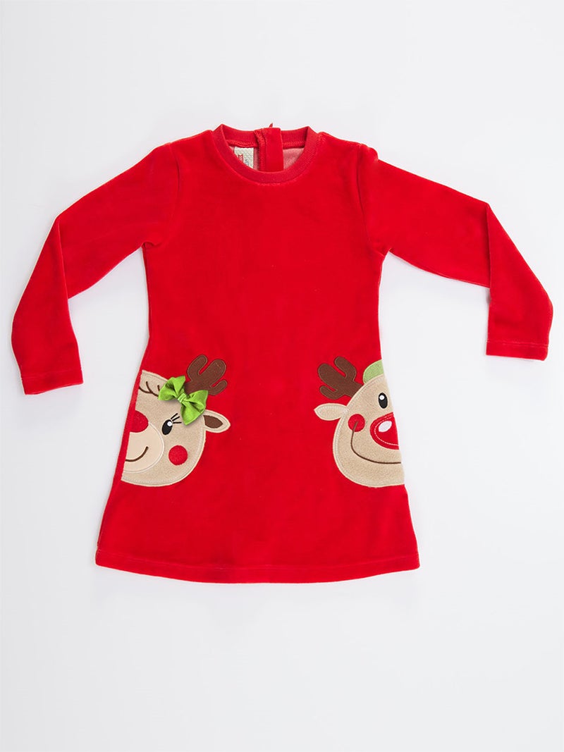 Denokids Twin Deers Girl Red Velvet Xmas Dress - Image 3