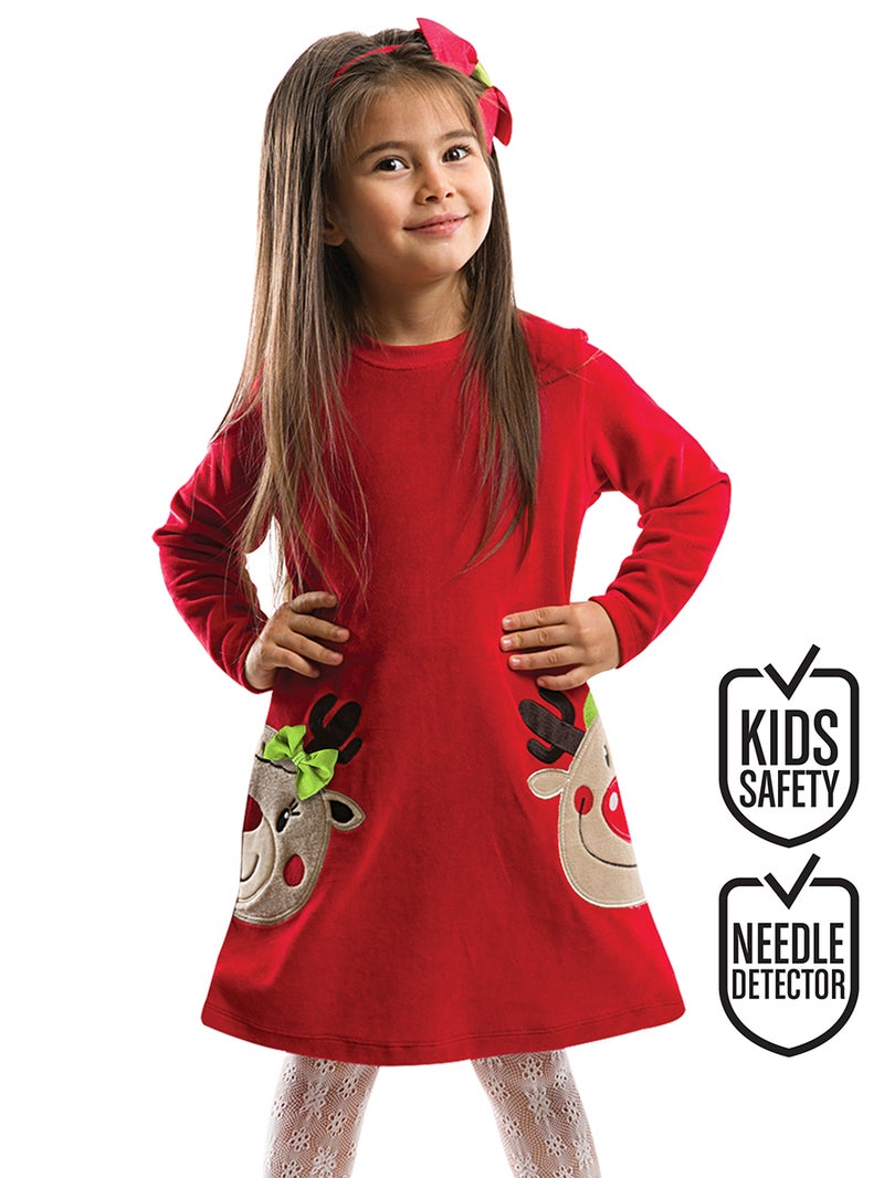 Denokids Twin Deers Girl Red Velvet Xmas Dress - Image 1