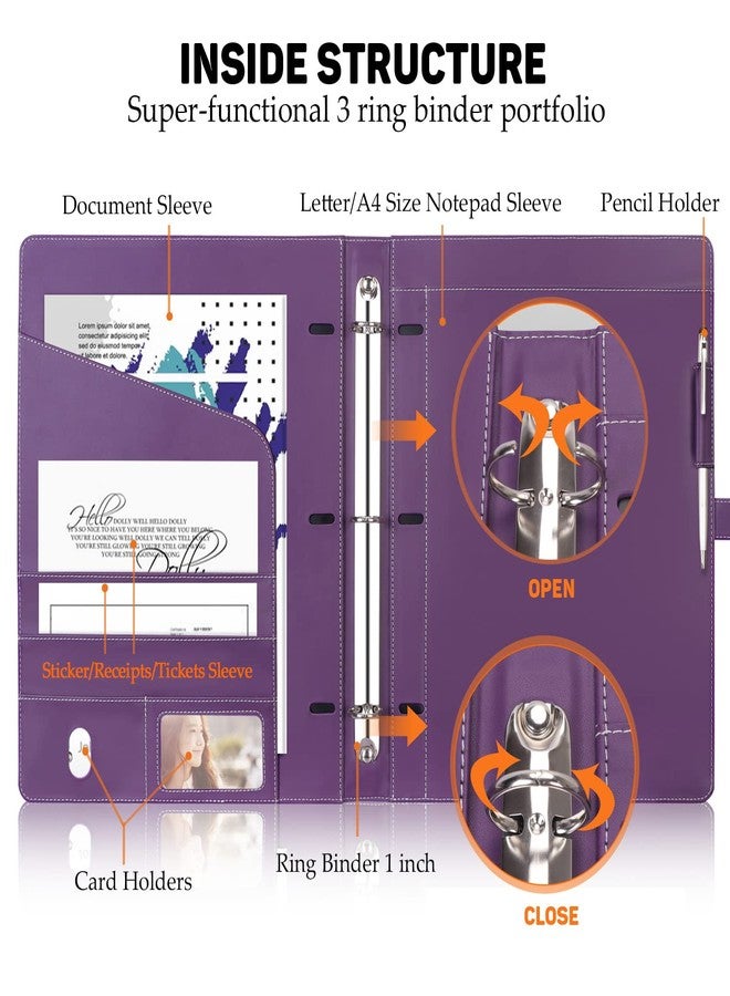 Toplive Padfolio 3 Ring Binder Organizer Business Portfolio Folder for Women, A4/ Letter Size PU Leather Portfolio Padfolio for Interview Conference Presentation, Purple - Image 3