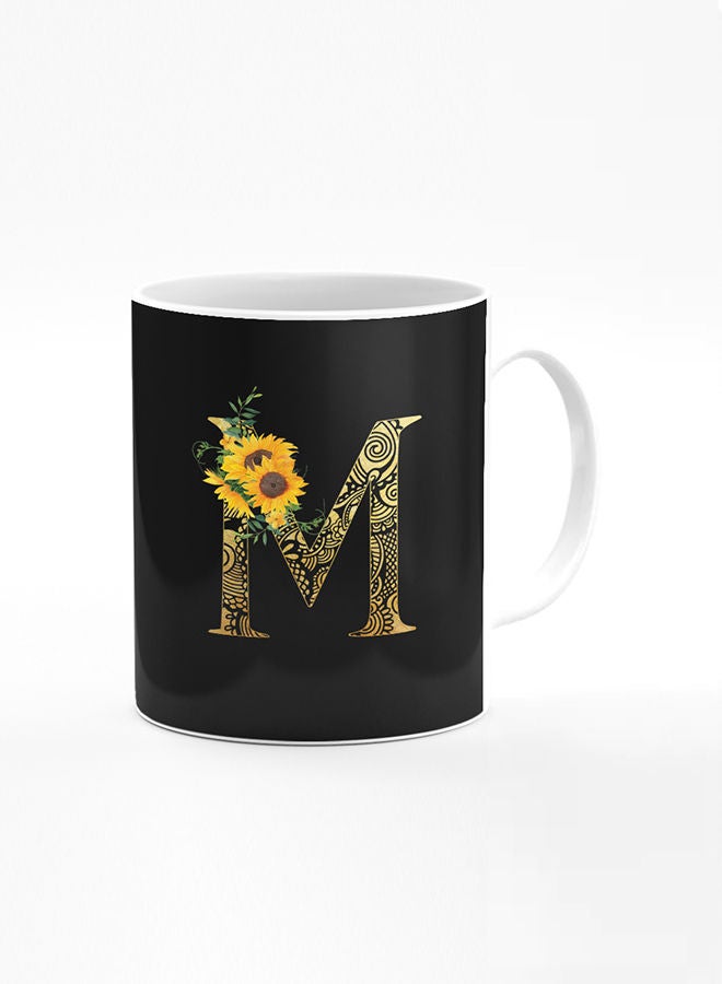 Stylizedd Designer Printed Coffee Mug 11oz Ceramic Personalised Gift Mugs Cup Custom Monogram Initial Letter Mandala Floral Pattern Alphabet M (Black) - Image 1