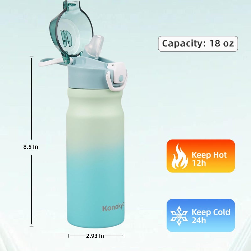 Konokyo Insulated Water Bottle with Straw and Carry Loop,18 oz Stainless Steel Double Wall Vaccum Metal Water Flask with Leak-proof Lid,Mint - Image 3