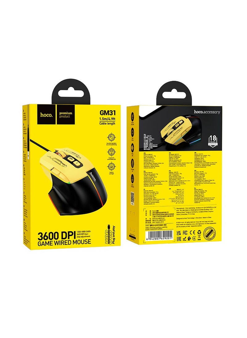 hoco. - hoco GM31 Overlord Luminous Gaming Wired Mouse – Adjustable DPI, 7 Buttons, Durable Design - Image 1
