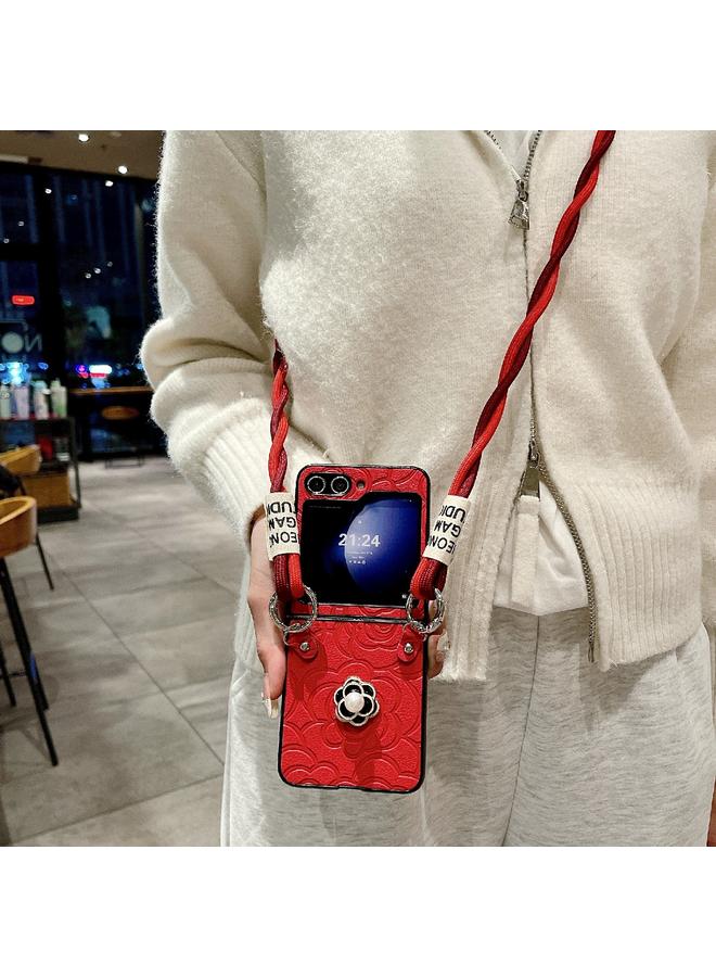 اس-توب جراب لهاتف Samsung Galaxy Z Flip3 5G جراب هاتف واقٍ بنقشة الكاميليا مع حبل طويل - Image 3