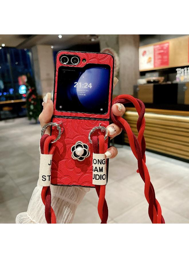 اس-توب جراب لهاتف Samsung Galaxy Z Flip3 5G جراب هاتف واقٍ بنقشة الكاميليا مع حبل طويل - Image 2