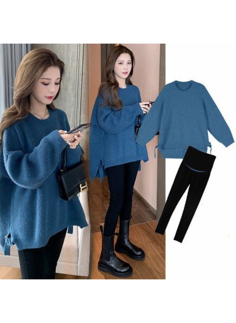 Generic - Fashionable Street Style Pure Color Maternity Wear Set Autumn Winter Top Reduction Wool Clothes Autumn Winter Street Style Blue - Image 1