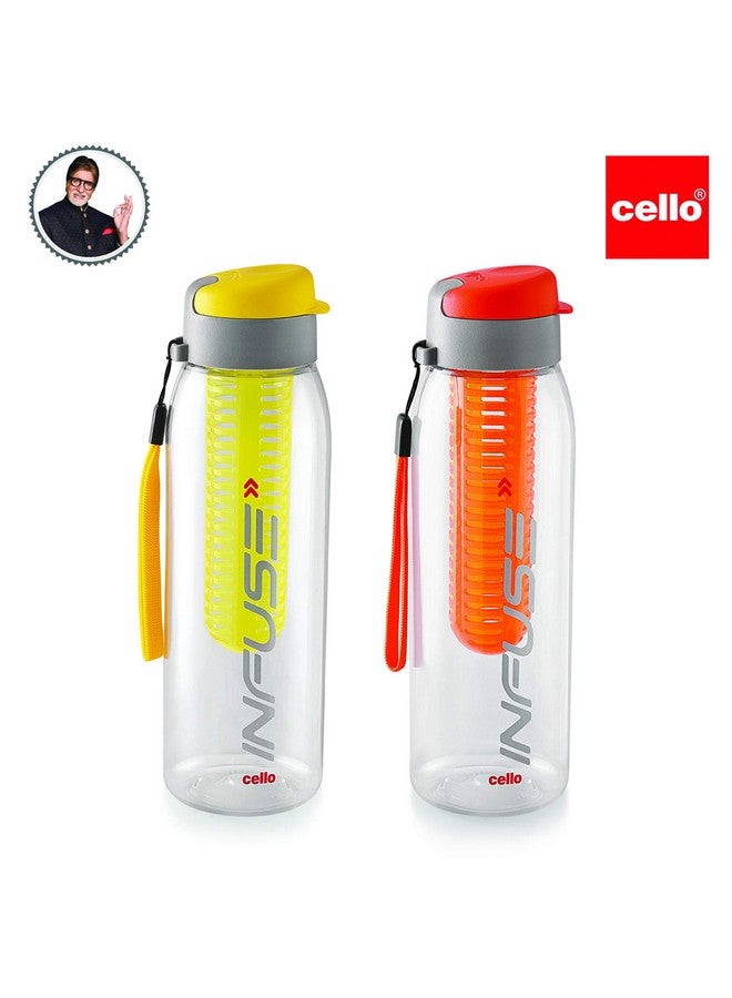 Cello Infuse Plastic Water Bottle, 800 Ml, Yellow/Orange, Set Of 2 | Detox Bottle With Infuser Chamber | Leakproof Plastic Bottle With Wide Mouth Opening | Ideal For Gym, Office, Travel - Image 2