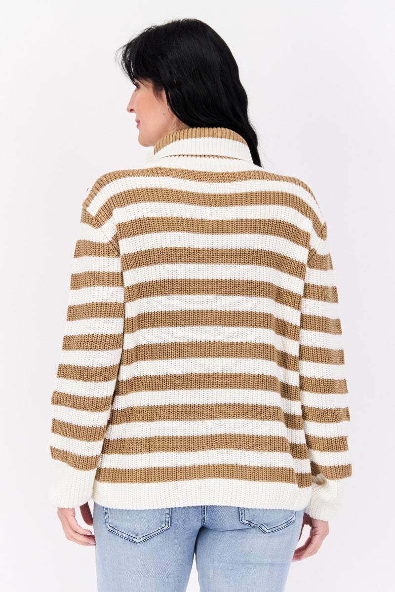 Pepe Jeans Women Turtle Neck Embroidered Logo Sweaters, Light Brown - Image 3