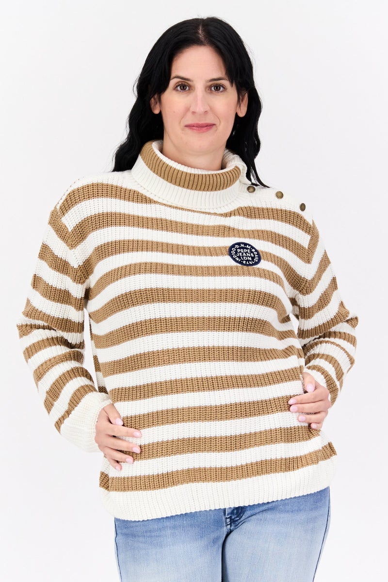 Pepe Jeans Women Turtle Neck Embroidered Logo Sweaters, Light Brown - Image 1