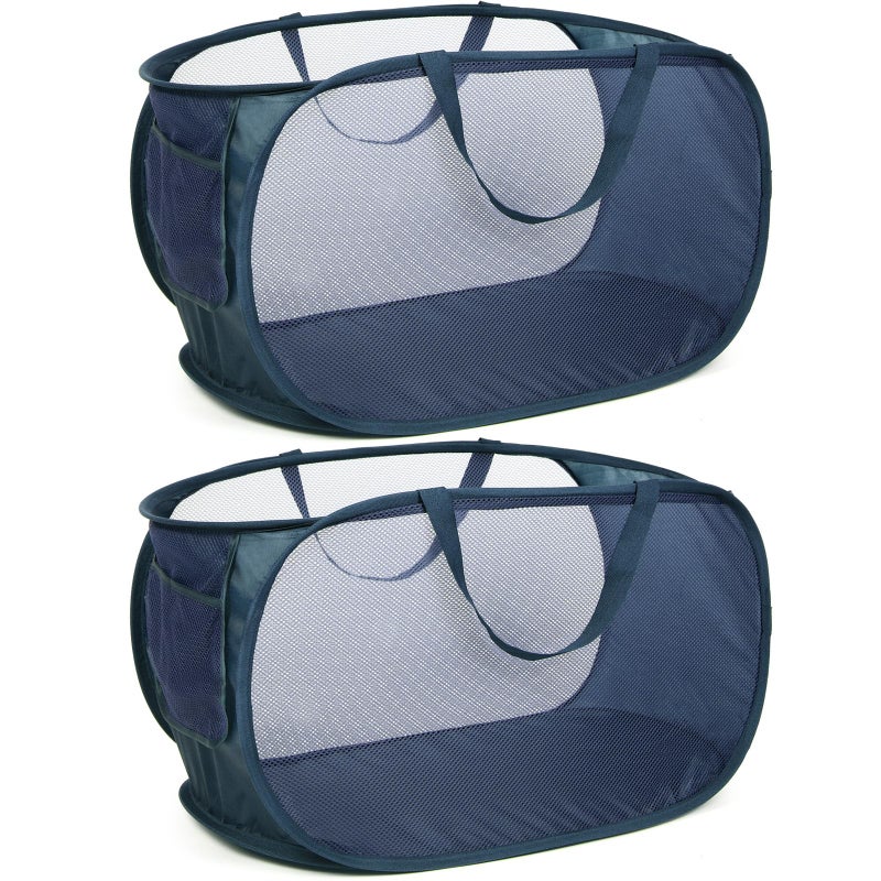 Bemkoo Durable Collapsible Laundry Baskets, Mesh Pop Up Laundry Hamper with Side Pocket, Foldable Clothes Hamper with Reinforced Carry Handles for Laundry, Bathroom, Kids Room, Dorm, Travel 2 Pack Navy Blue - Image 1