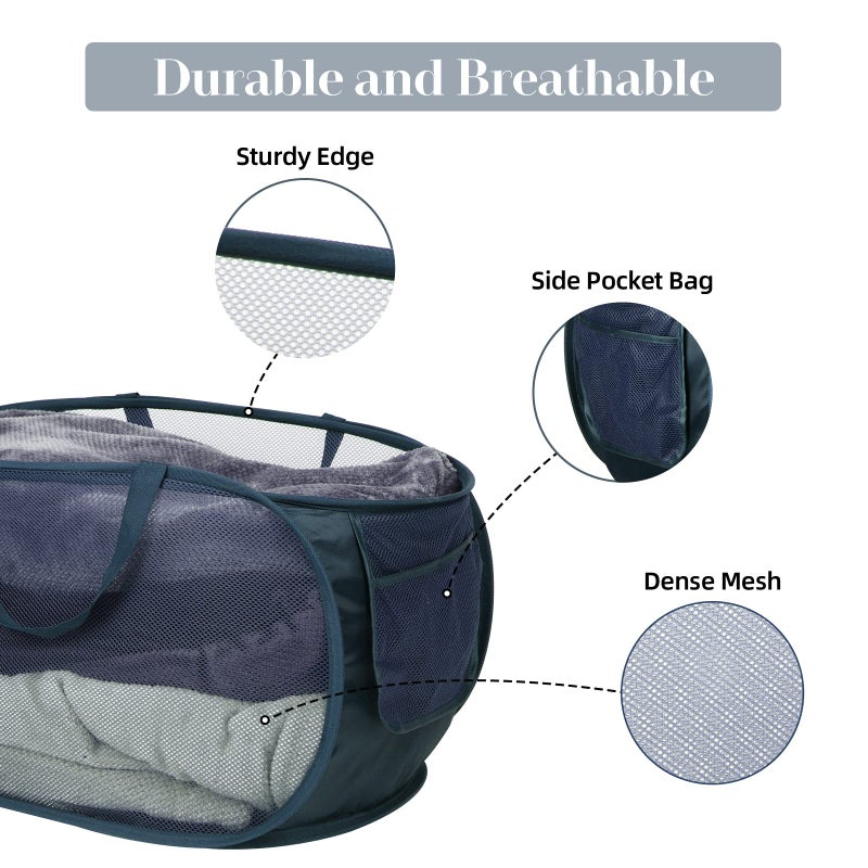 Bemkoo Durable Collapsible Laundry Baskets, Mesh Pop Up Laundry Hamper with Side Pocket, Foldable Clothes Hamper with Reinforced Carry Handles for Laundry, Bathroom, Kids Room, Dorm, Travel 2 Pack Navy Blue - Image 4