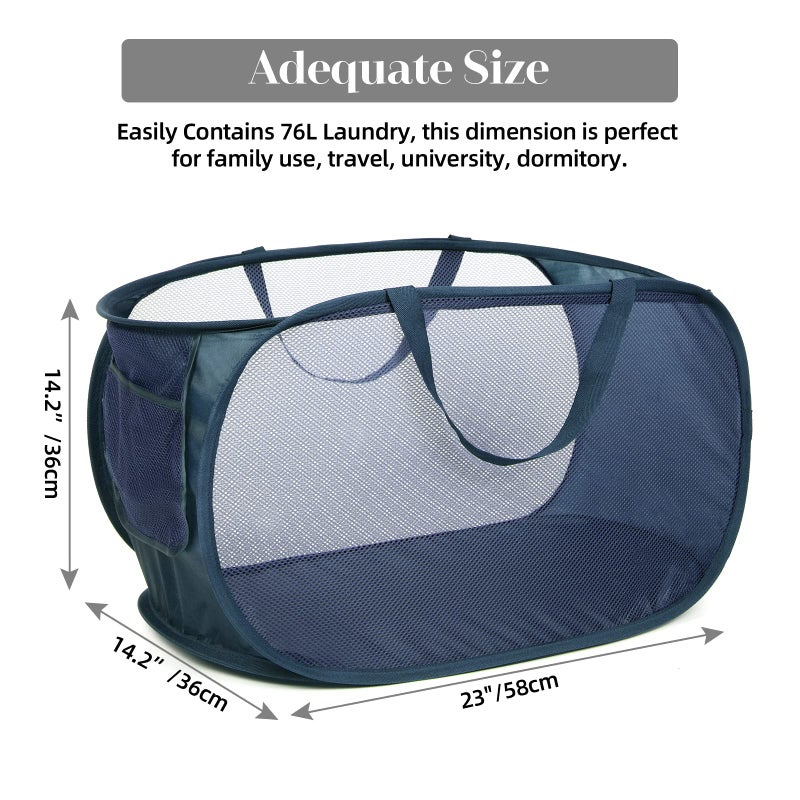 Bemkoo Durable Collapsible Laundry Baskets, Mesh Pop Up Laundry Hamper with Side Pocket, Foldable Clothes Hamper with Reinforced Carry Handles for Laundry, Bathroom, Kids Room, Dorm, Travel 2 Pack Navy Blue - Image 3