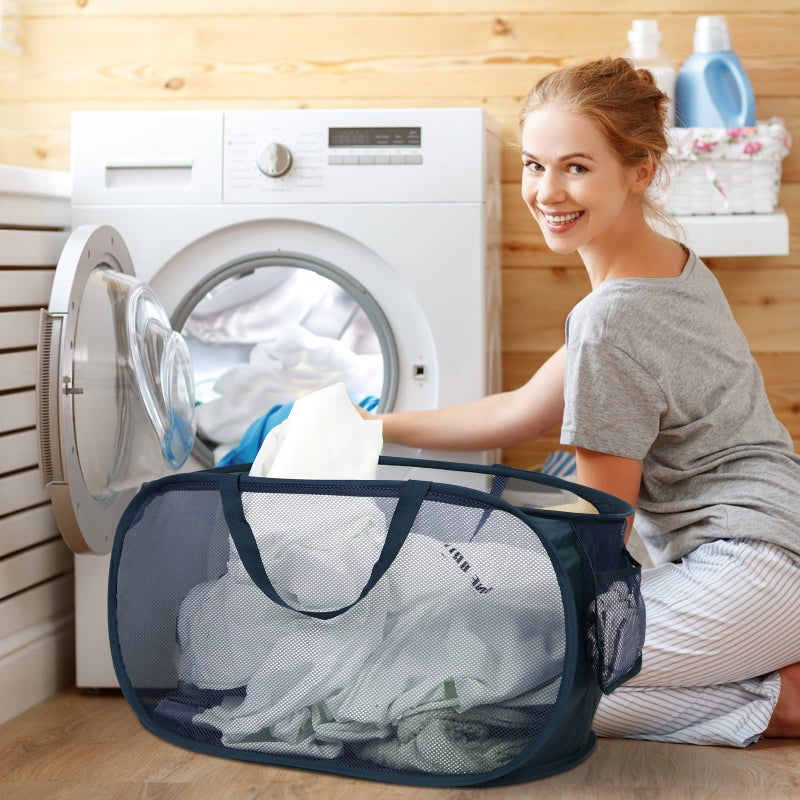 Bemkoo Durable Collapsible Laundry Baskets, Mesh Pop Up Laundry Hamper with Side Pocket, Foldable Clothes Hamper with Reinforced Carry Handles for Laundry, Bathroom, Kids Room, Dorm, Travel 2 Pack Navy Blue - Image 2