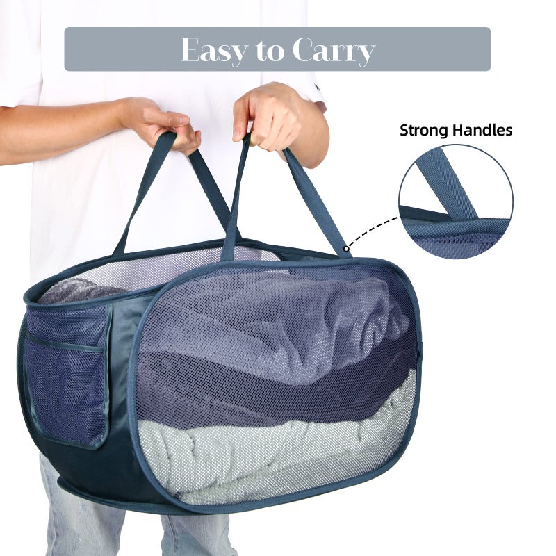 Bemkoo Durable Collapsible Laundry Baskets, Mesh Pop Up Laundry Hamper with Side Pocket, Foldable Clothes Hamper with Reinforced Carry Handles for Laundry, Bathroom, Kids Room, Dorm, Travel 2 Pack Navy Blue - Image 5