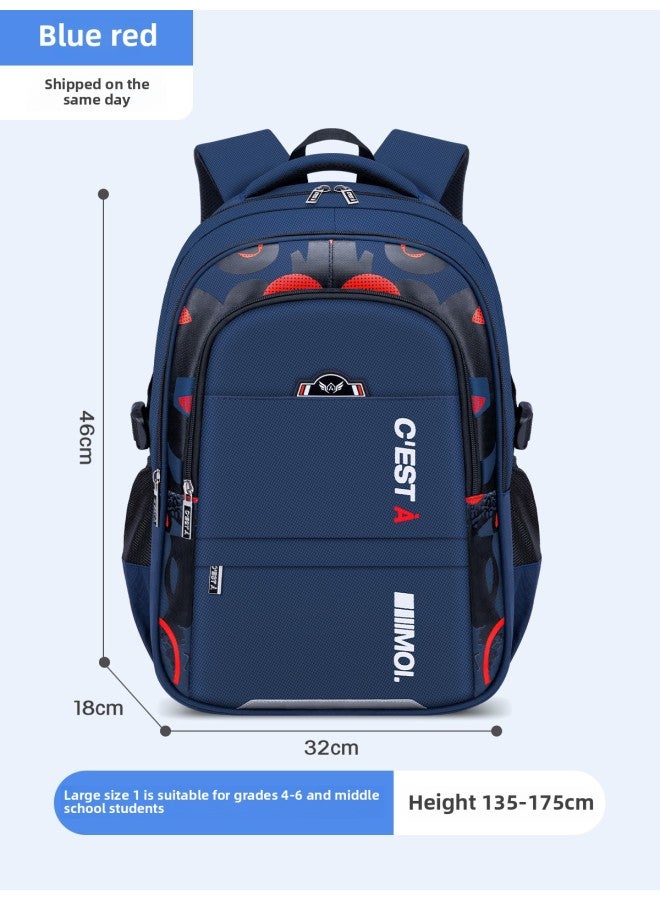 Leather Backpack For Primary School Students Embroidered School Logo Name Tag-Color:Large Blue And Red (suitable For Grade 4-6 And Middle School Students)-Size:Schoolbag + Tutorial Bag - Image 1