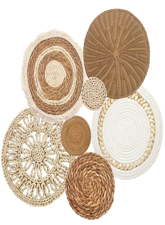 CODOHI Set of 7 Boho Wall Baskets, Wall Hanging Rattan Decor, Flat Round Woven Water Hyacinth Corn Husk Farmhouse Handmade Macrame Hanging Woven Baskets for Living Room Bedroom Dining Room Office - Image 1