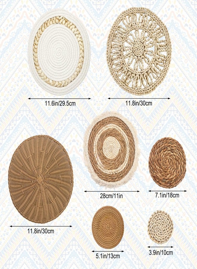 CODOHI Set of 7 Boho Wall Baskets, Wall Hanging Rattan Decor, Flat Round Woven Water Hyacinth Corn Husk Farmhouse Handmade Macrame Hanging Woven Baskets for Living Room Bedroom Dining Room Office - Image 2