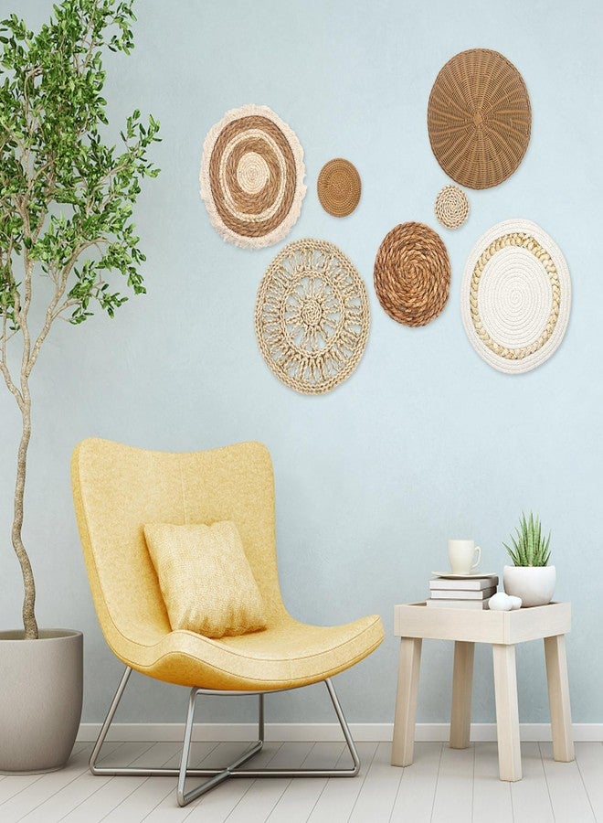 CODOHI Set of 7 Boho Wall Baskets, Wall Hanging Rattan Decor, Flat Round Woven Water Hyacinth Corn Husk Farmhouse Handmade Macrame Hanging Woven Baskets for Living Room Bedroom Dining Room Office - Image 4