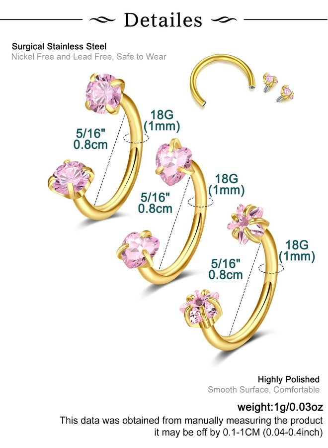 Longita Gold Horseshoe Nose Ring for Women Double Gem Horse Shoe Nose Ring Hoop 18g Surgical Steel Cartilage Helix Tragus Earring Hoops Heart Labret Lip Piercing Jewelry Small Septum Rings 8mm 3pcs - Image 2