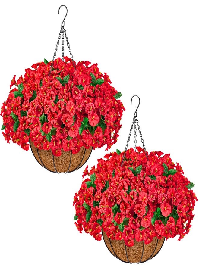 TTQ Set of 2 Artificial Hanging Flower Baskets for Outdoor Decor, 16 Bundles Faux Silk Morning Glory Flowers with 2 Hanging Baskets for Porch Patio Balcony Garden Spring Summer Decoration - Image 1