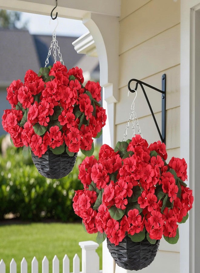 GLIDLION 2 Set Artificial Geraniums Flowers with Hanging Baskets for Outdoors - Sun Resistant Silk with Geranium Flowers, Fake Hanging Planters for Front Porch Garden Patio Home Decor (Red) - Image 1
