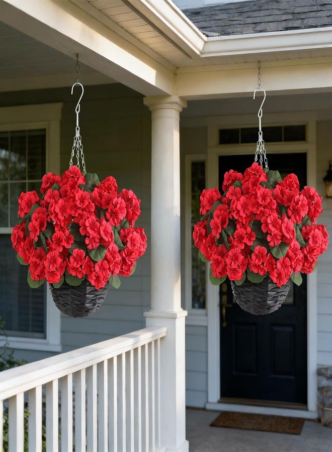 GLIDLION 2 Set Artificial Geraniums Flowers with Hanging Baskets for Outdoors - Sun Resistant Silk with Geranium Flowers, Fake Hanging Planters for Front Porch Garden Patio Home Decor (Red) - Image 2
