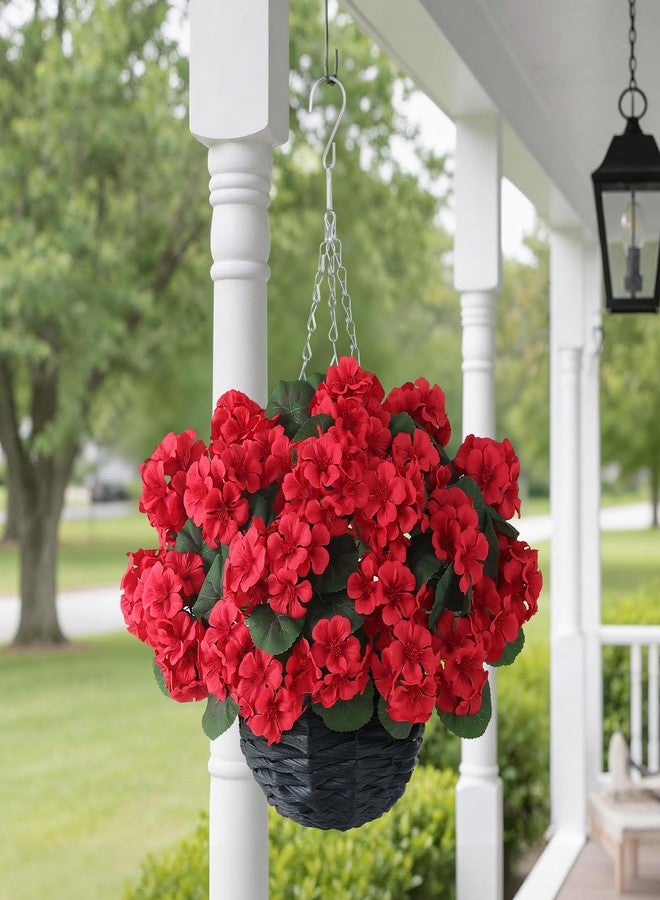 GLIDLION 2 Set Artificial Geraniums Flowers with Hanging Baskets for Outdoors - Sun Resistant Silk with Geranium Flowers, Fake Hanging Planters for Front Porch Garden Patio Home Decor (Red) - Image 4