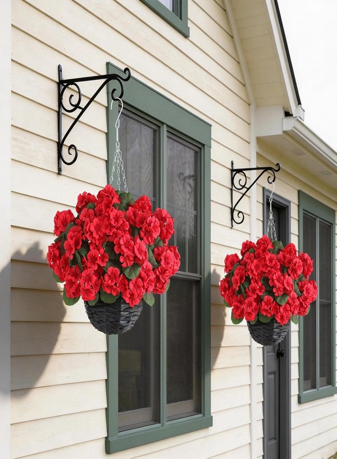 GLIDLION 2 Set Artificial Geraniums Flowers with Hanging Baskets for Outdoors - Sun Resistant Silk with Geranium Flowers, Fake Hanging Planters for Front Porch Garden Patio Home Decor (Red) - Image 3